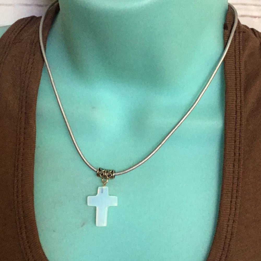 Moonstone Carved Cross on Leather Necklace